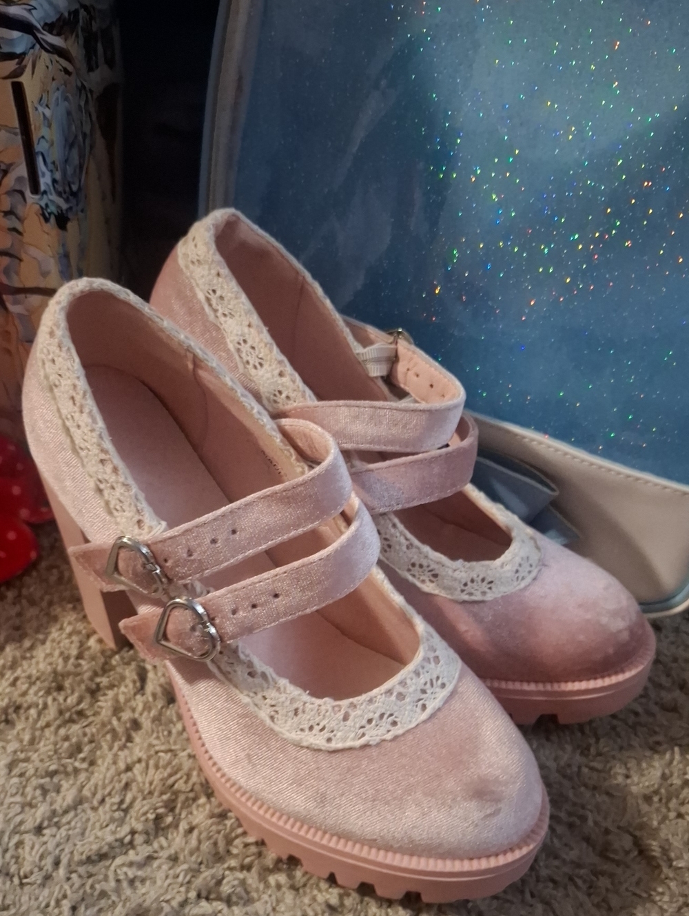 Velvet Lace Pink Heels ♡ Size W 8.5 / 39